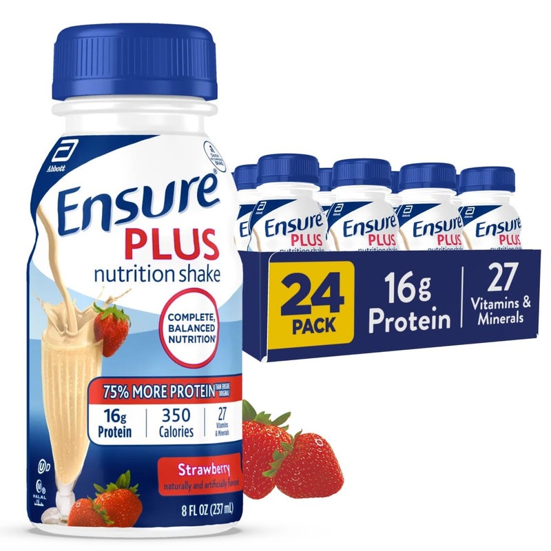 Ensure Plus Strawberry Nutrition Shake | Meal Replacement Shake | Ready To Drink | 16g Protein and 27 Vitamins and Minerals | 8 fl oz - 24 Pack - Image 1