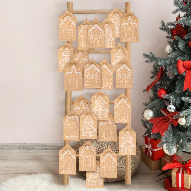 Epakh 24 Pcs Christmas Gingerbread House Gift Bags Winter Snow Gingerbread House Kraft Paper Bags 24 Days Xmas Advent Countdown Christmas Candy Goodie Treat Grocery Pouch for Xmas Party Favor Gift - Image 2
