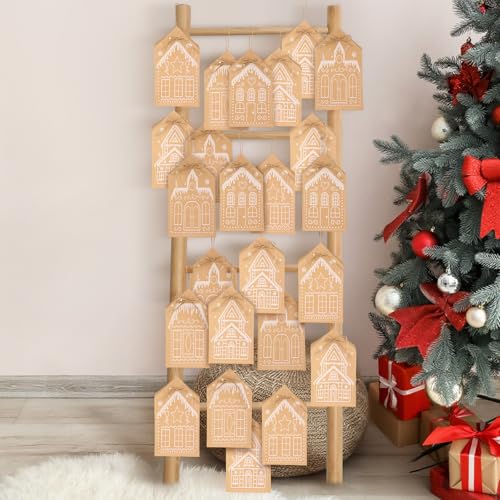 Epakh 24 Pcs Christmas Gingerbread House Gift Bags Winter Snow Gingerbread House Kraft Paper Bags 24 Days Xmas Advent Countdown Christmas Candy Goodie Treat Grocery Pouch for Xmas Party Favor Gift - Image 1