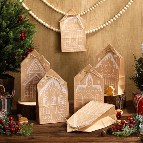 Epakh 24 Pcs Christmas Gingerbread House Gift Bags Winter Snow Gingerbread House Kraft Paper Bags 24 Days Xmas Advent Countdown Christmas Candy Goodie Treat Grocery Pouch for Xmas Party Favor Gift - Image 3
