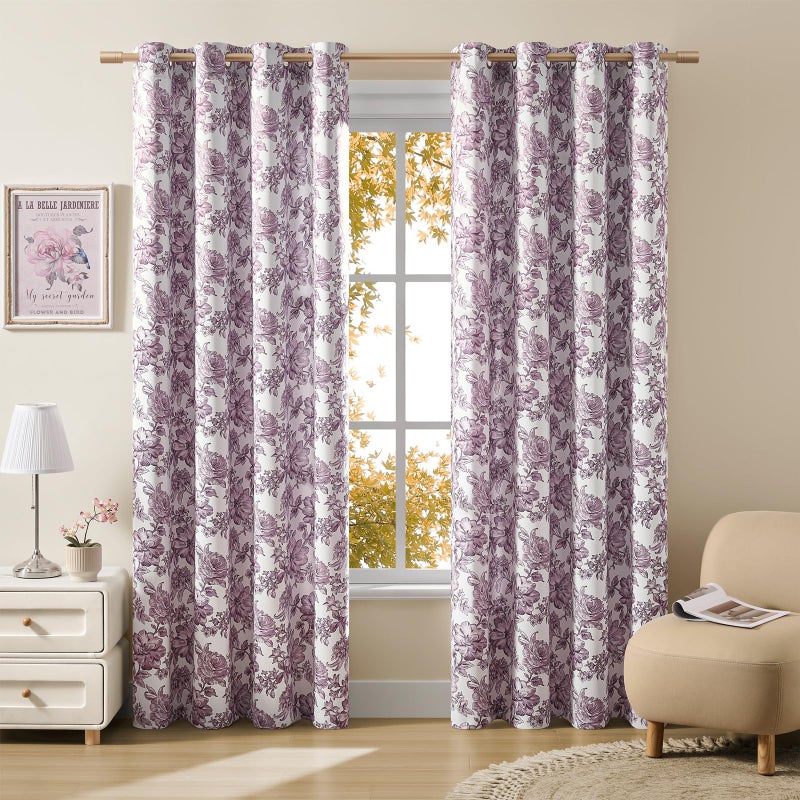 FOLKSIDE Purple Floral Curtains 84 Inches Long 2 Panels for Bedroom Grommet French Romantic Violet Flower Room Darkening Reversible Curtains for Girl Room Garden Noise Reduction Thermal Insulated Drapes, 52x84 - Image 2