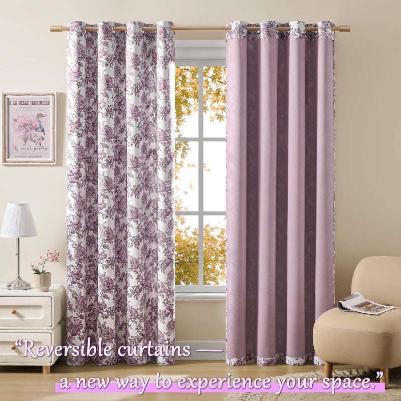 FOLKSIDE Purple Floral Curtains 84 Inches Long 2 Panels for Bedroom Grommet French Romantic Violet Flower Room Darkening Reversible Curtains for Girl Room Garden Noise Reduction Thermal Insulated Drapes, 52x84 - Image 3