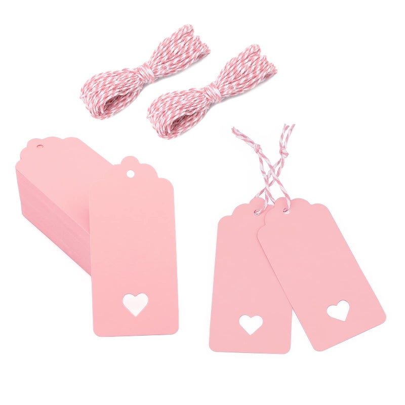 jijAcraft Pink Kraft Paper Gift Tags  100PCS 4cm x 9cm Lovely Hollow Heart Wedding Favor Name Cards With 20M Red White Cotton String for Luggage and DIY