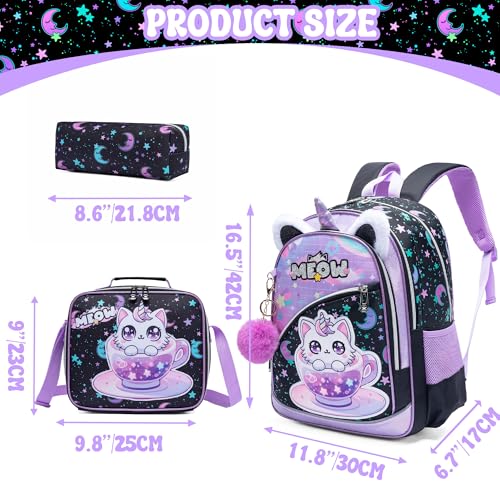 Meetbelify Backpack for Girls School Backpack with Lunch Box for Elementary Student Teen Girls Cute Cat School Bag Kids Bookbag for Girls 8-10 Purple - Image 2