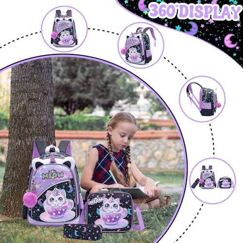 Meetbelify Backpack for Girls School Backpack with Lunch Box for Elementary Student Teen Girls Cute Cat School Bag Kids Bookbag for Girls 8-10 Purple - Image 3