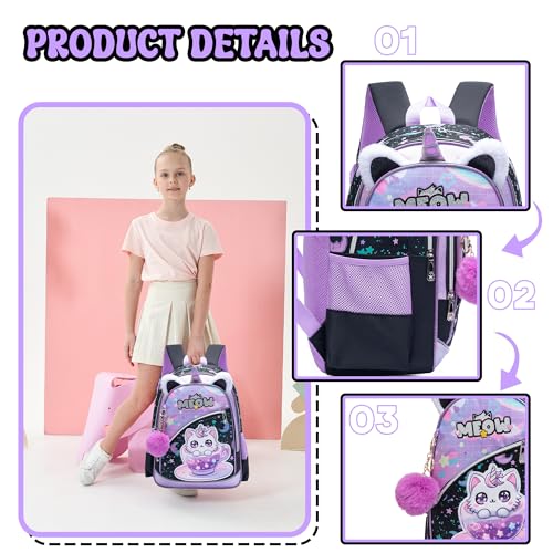 Meetbelify Backpack for Girls School Backpack with Lunch Box for Elementary Student Teen Girls Cute Cat School Bag Kids Bookbag for Girls 8-10 Purple - Image 4