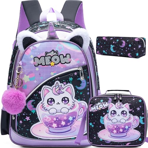 Meetbelify Backpack for Girls School Backpack with Lunch Box for Elementary Student Teen Girls Cute Cat School Bag Kids Bookbag for Girls 8-10 Purple - Image 1