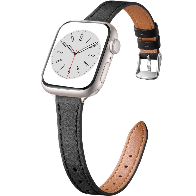 Charlam Compatible with Apple Watch Bands for Women 44mm 45mm 46mm 42mm 41mm 40mm 38mm, Top Grain Soft Leather Bands Slim Wristband for iWatch SE, iWatch Series 11 10 9 8 7 6 5 4 3 2 1,Black/Starlight - Image 1