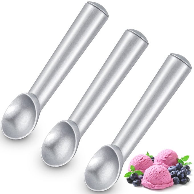 3 PIECES ICE CREAM SCOOP 7 INCHES NONSTICK ANTI FREEZE ICE CREAM SCOOPER WITH COMFORT HANDLE ALUMINUM ALLOY DESIGN PROFESSIONAL ICE CREAM SCOOP EASY CLEAN FOR GELATO COOKIE SORBET SILVER