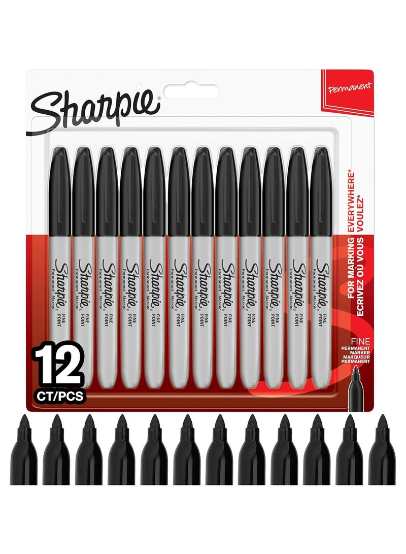 شاربي أقلام ماركر دائمة من Sharpie بخط رفيع ولون أسود، عبوة من 12 قلم، حبر قوي مقاوم للتلطخ والتلاشي، مثالية للكتابة والرسم والتعليم والمكاتب والمدارس - Image 1