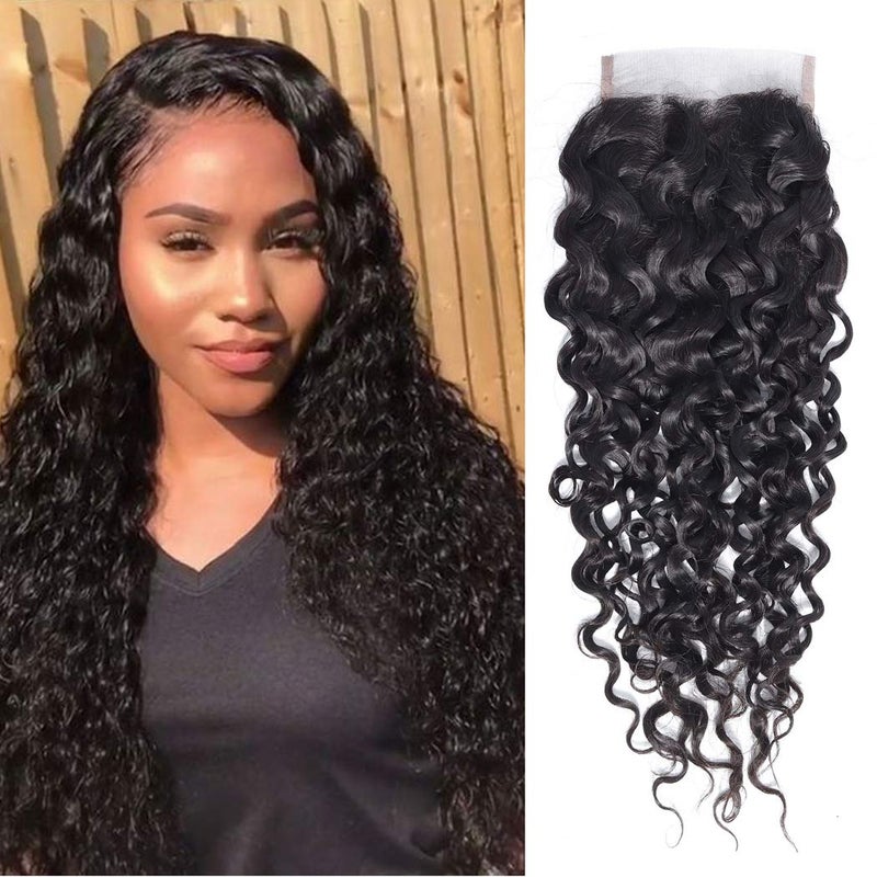 Odir 20 Inch Water Wave 4x4 Lace Closure Brazilian Human Hair 150 Density 9A 100 Unprocessed Wet and Wavy Hand Tied Swiss Lace Closure No Bleached Knots Lace Frontal Closure Curly Hair Natural Color