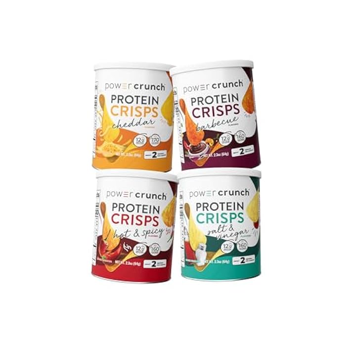 Power Crunch Protein CRISPS Variety Pack, Cheddar, Salt & Vinegar, BBQ, Hot & Spicy, a Potato Style Protein Chip Snack, 12g of protein, 1.05 ounces per serving (1 of Each Flavor) - Image 1