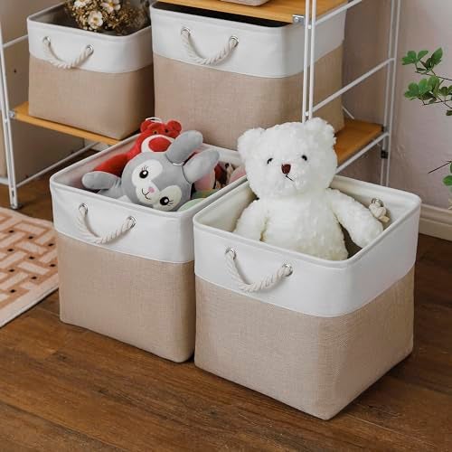 MidmmVick 13 x 13 Inch Cube Storage Bins, 6 Pack Extra Large Collapsible Fabric Storage Bin with Ropes, Foldable Storage Cubes for Home (White & Beige-13"x13"x13") - Image 3