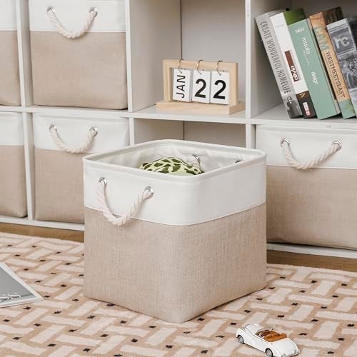 MidmmVick 13 x 13 Inch Cube Storage Bins, 6 Pack Extra Large Collapsible Fabric Storage Bin with Ropes, Foldable Storage Cubes for Home (White & Beige-13"x13"x13") - Image 4