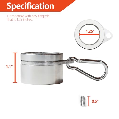 Anley 1.25" Aluminum Flagpole Mounting Rings Set - Anti Wrap 360° Rotatable Ring with Carabiners - Ideal for 1-1/4 Inch Diameter Flag Pole & Flag with 2 Grommets (Silver, Pack of 2) - Image 2