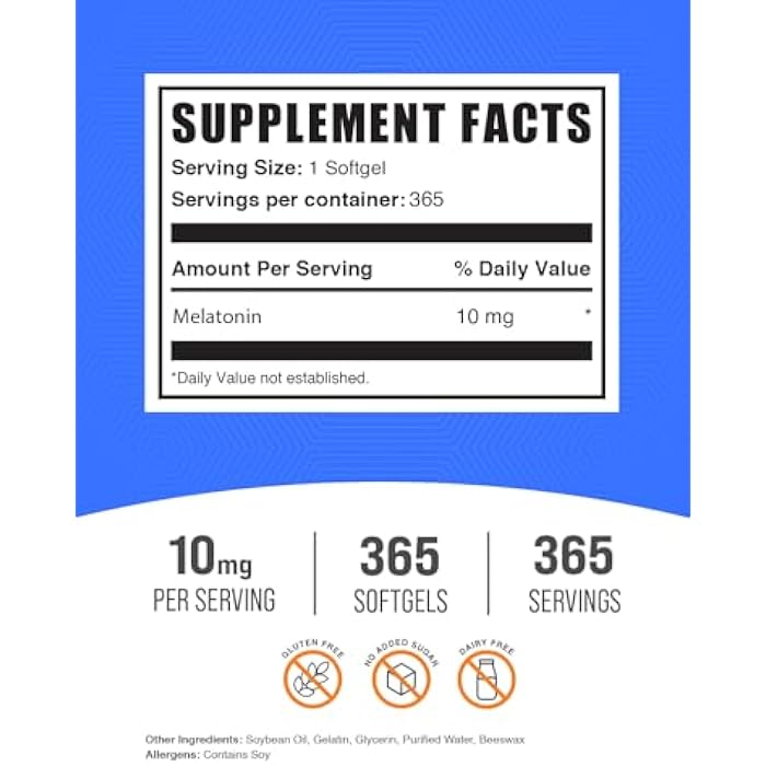 BulkSupplements.com Melatonin 10 mg Softgels for Adults – Sleep Supplement, 10 mg per Serving, Gluten Free, 1 Softgel per Serving, 365 Count (Pack of 1) - Image 2