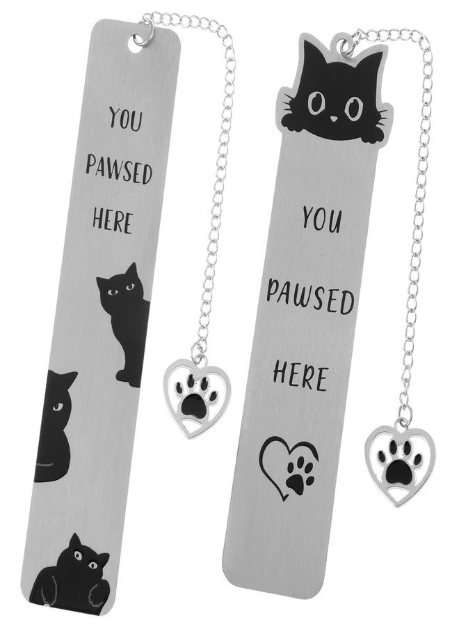 ValueBargain Cat Bookmarks, 2 Pcs Stainless Steel Black Cat Bookmark for Women, Men, Kids, You Paused Here Cute Book Marks for Book Lovers, Birthday, (Silver & Black) - Image 1