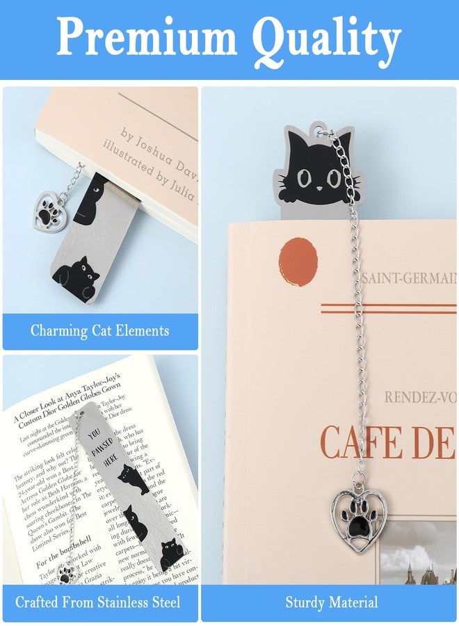 ValueBargain Cat Bookmarks, 2 Pcs Stainless Steel Black Cat Bookmark for Women, Men, Kids, You Paused Here Cute Book Marks for Book Lovers, Birthday, (Silver & Black) - Image 2