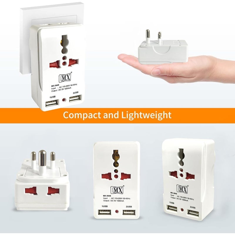 MX Travel Adapter With USB Port, Multi Plug Socket Charger for UK/USA to India Conversion, 2 & 3 Pin Mobile Converter - Image 4