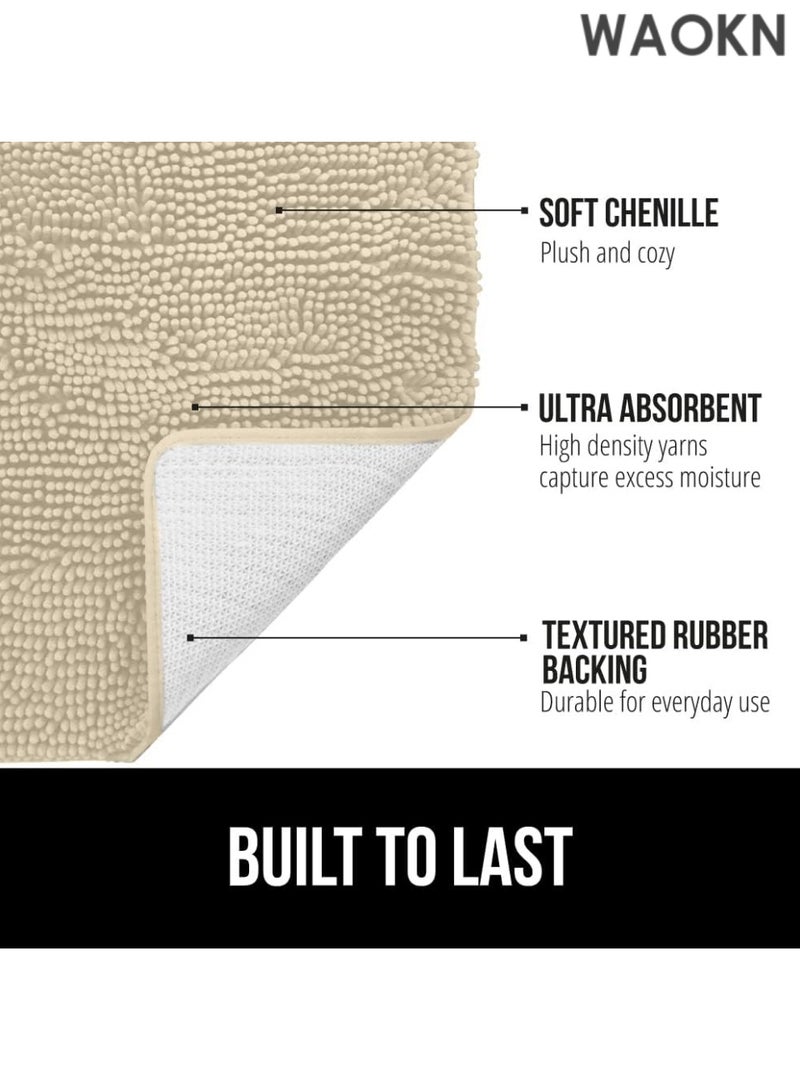 دبليو أيه أو كي أن سجادة حمام 40×60 سم، مصنوعة من قماش شينيل سميك وناعم ماص، سريعة الجفاف، سجادات أرضية استحمام قابلة للغسل في الغسالة، مفرش حمام، إكسسوارات ديكور منزلي للحمام، لون رملي فاتح - Image 3