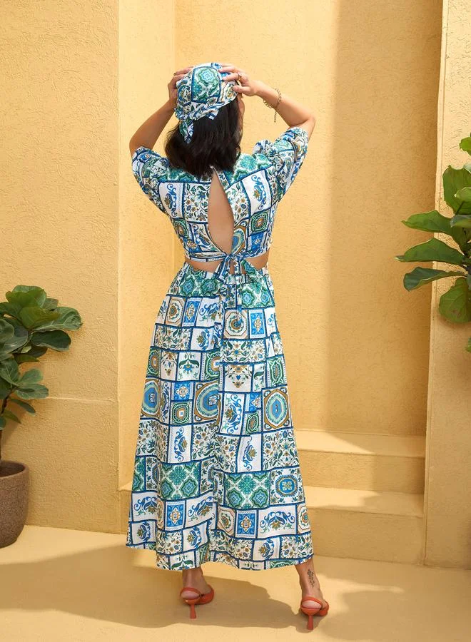 SASSAFRAS Sassafras Blue All Over Tile Print Back Cut Out Maxi Dress