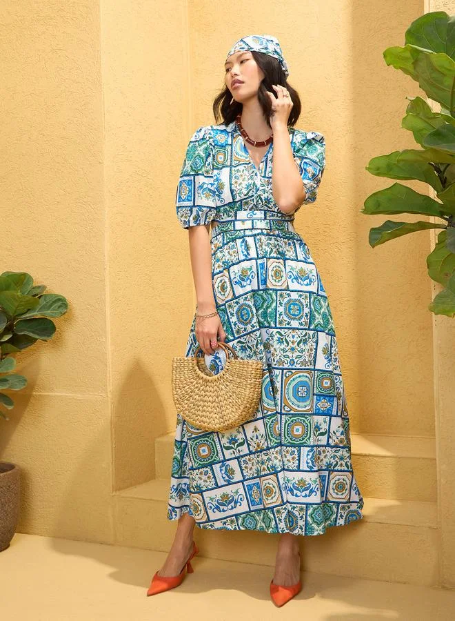 SASSAFRAS Sassafras Blue All Over Tile Print Back Cut Out Maxi Dress