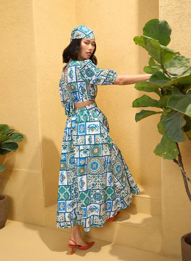 SASSAFRAS Sassafras Blue All Over Tile Print Back Cut Out Maxi Dress