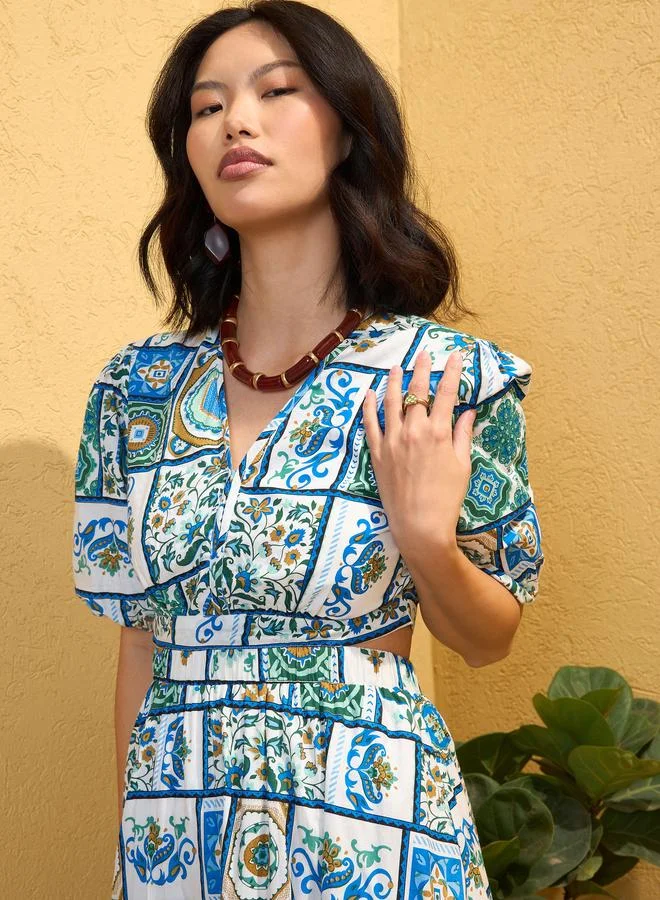 SASSAFRAS Sassafras Blue All Over Tile Print Back Cut Out Maxi Dress