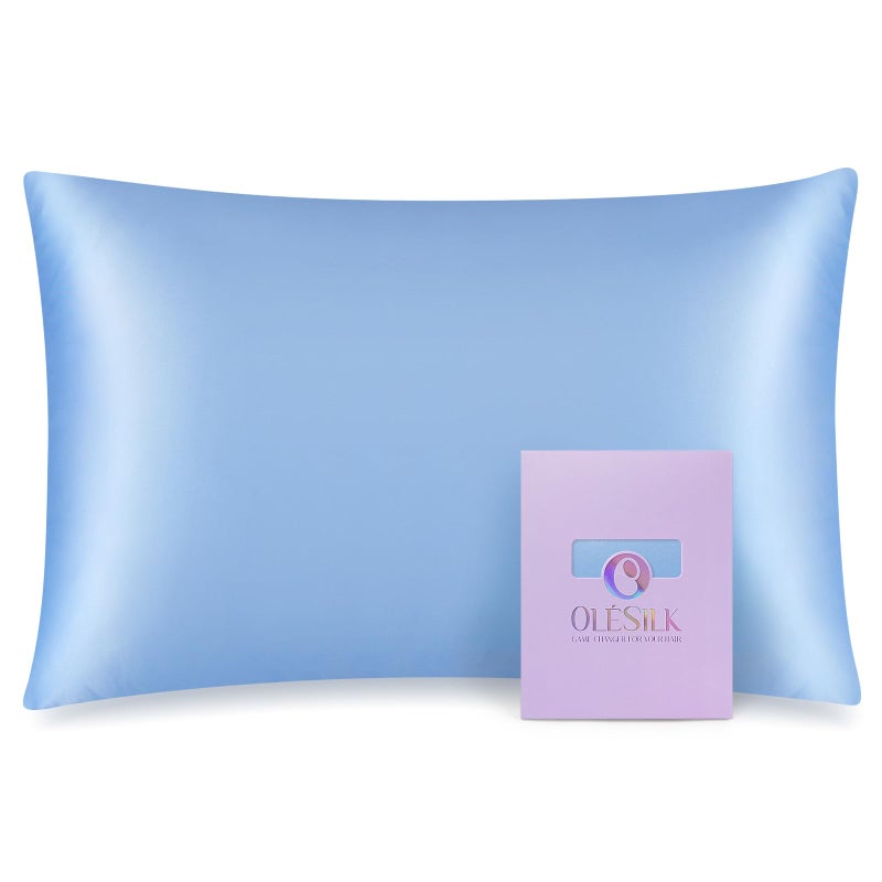 OLESILK 100 Mulberry Silk Toddler Pillowcase for Hair and Skin Both Sides 19 Momme Pure Natural Silk Travel Pillow Cases with Hidden Zipper 13x 18 Light Blue - Image 1