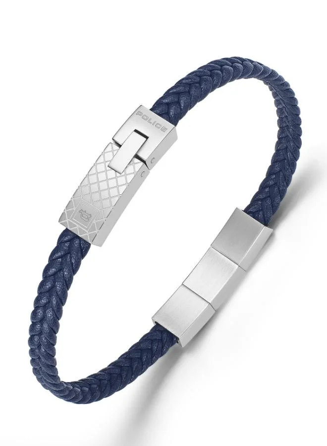 Police Intersect Navy Blue Leather and Silver Stainless Steel Bracelet for Men