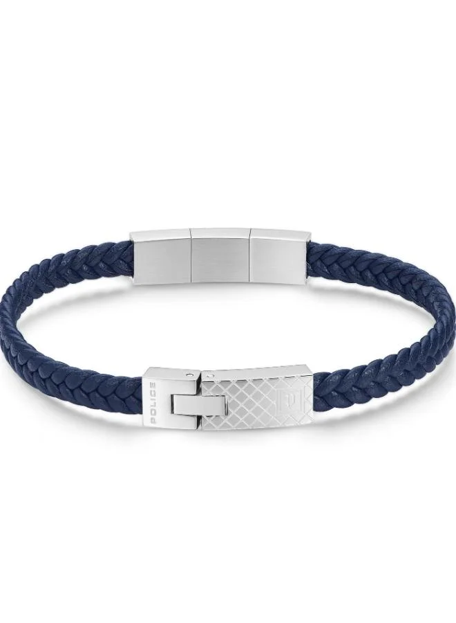 Police Intersect Navy Blue Leather and Silver Stainless Steel Bracelet for Men