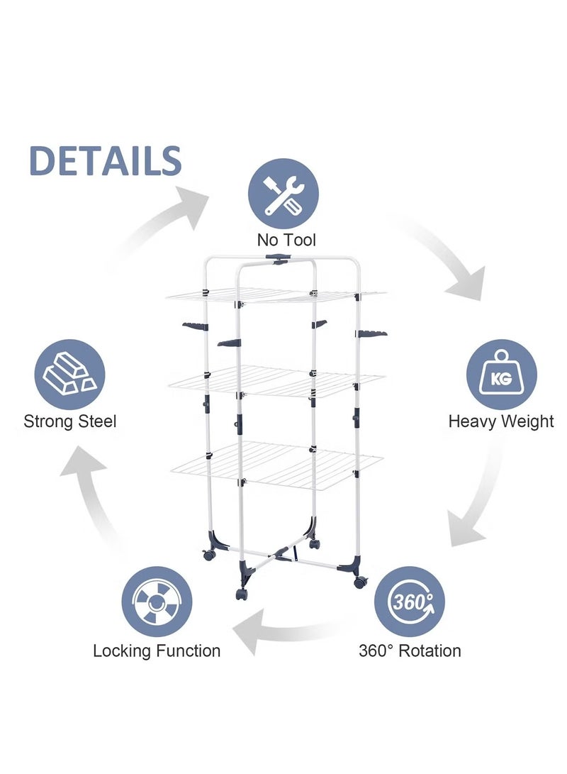 تايمي منشر غسيل 3 طبقات قابل للطي بعجلات و 4 خطافات - حامل تجفيف ملابس من الفولاذ للأستخدام الداخلي والخارجي - أبيض - Image 5