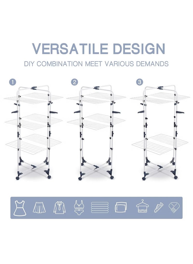 تايمي منشر غسيل 3 طبقات قابل للطي بعجلات و 4 خطافات - حامل تجفيف ملابس من الفولاذ للأستخدام الداخلي والخارجي - أبيض - Image 3