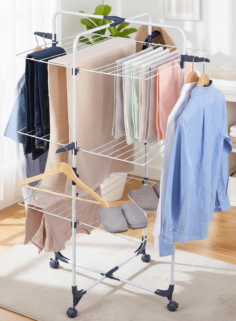 تايمي منشر غسيل 3 طبقات قابل للطي بعجلات و 4 خطافات - حامل تجفيف ملابس من الفولاذ للأستخدام الداخلي والخارجي - أبيض - Image 1