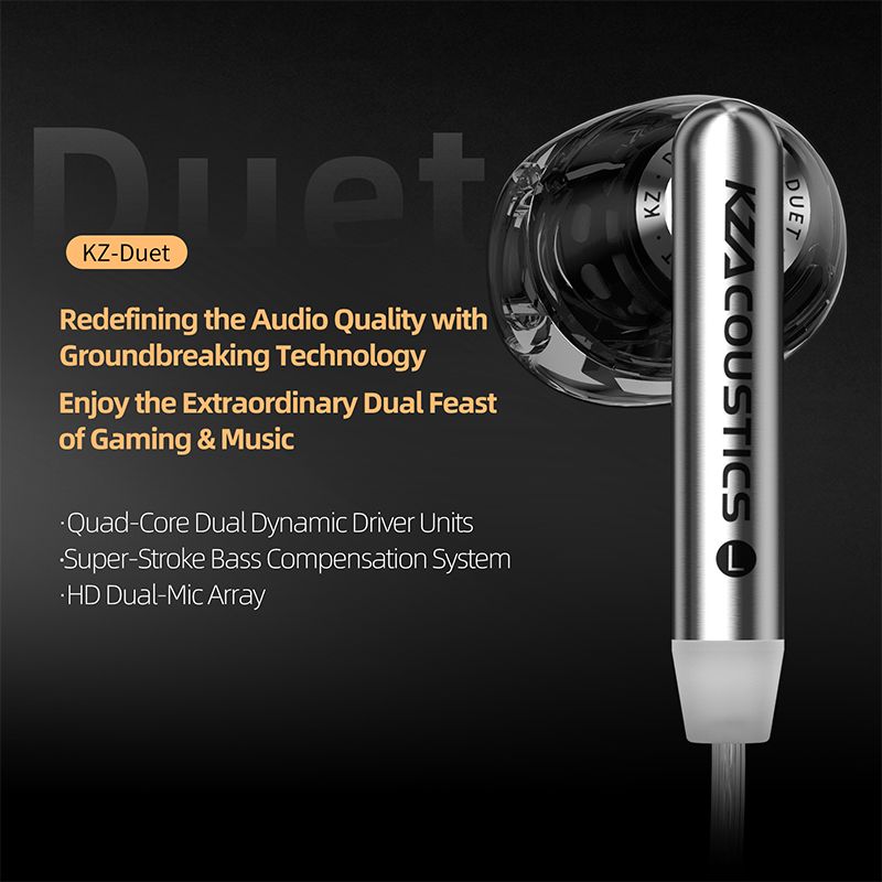 KZ Duet Dual Dynamic Driver HiFi Quad-Core Bass Stereo Wired Earphones with Microphone, Type-C, Beige - Image 2