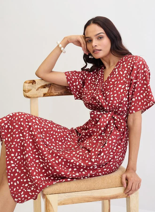 Femmella  Femmella Red Spot Print Wrap Midi Dress for Women | Best Price UAE