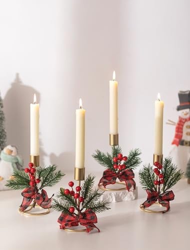 Romadedi Candle Holders Christmas Decor Gold Candlestick Holder for Taper with Red Berry Decoration for Table Centerpiece Festive Xmas Ornaments Mantel Home Set of 2 - Image 1