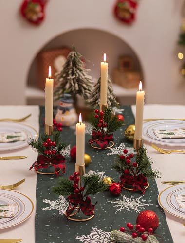 Romadedi Candle Holders Christmas Decor Gold Candlestick Holder for Taper with Red Berry Decoration for Table Centerpiece Festive Xmas Ornaments Mantel Home Set of 2 - Image 3