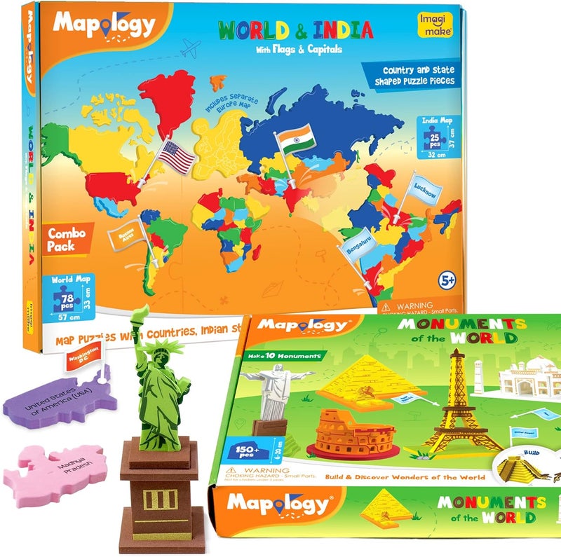 Mapology - Monuments of The World, Map Puzzle of India and World with Capitals and Flags of Countries, Educational Toy - Puzzles for Kids for Age 5 Years+, Best Gift for Boys & Girls - Image 1