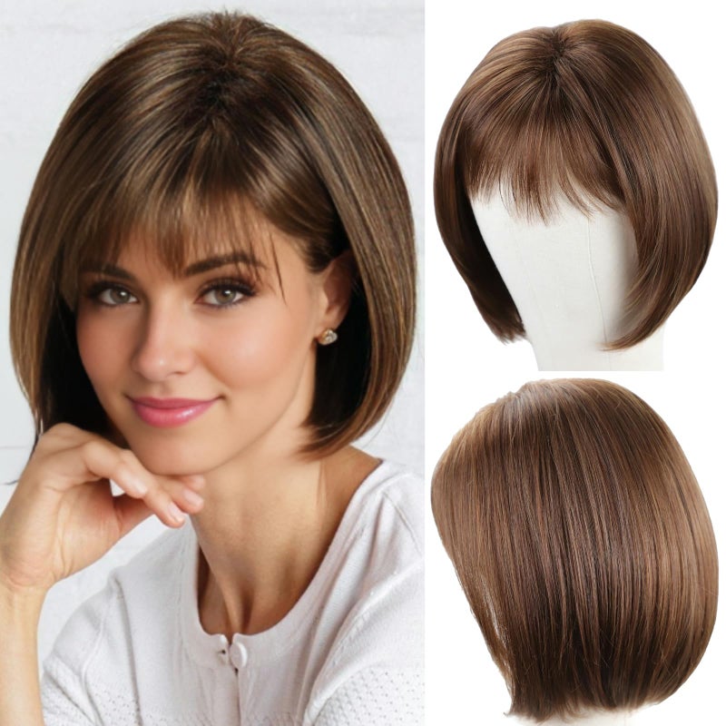 RENERSHOW Short Brown Bob Wigs for Women Brown Mixed Blonde Synthetic Wig with Bangs 10inch Average Size Natural Looking Daily Party Wig - Image 1
