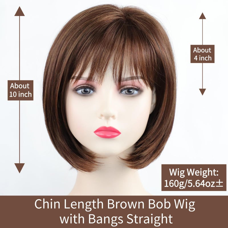 RENERSHOW Short Brown Bob Wigs for Women Brown Mixed Blonde Synthetic Wig with Bangs 10inch Average Size Natural Looking Daily Party Wig - Image 2
