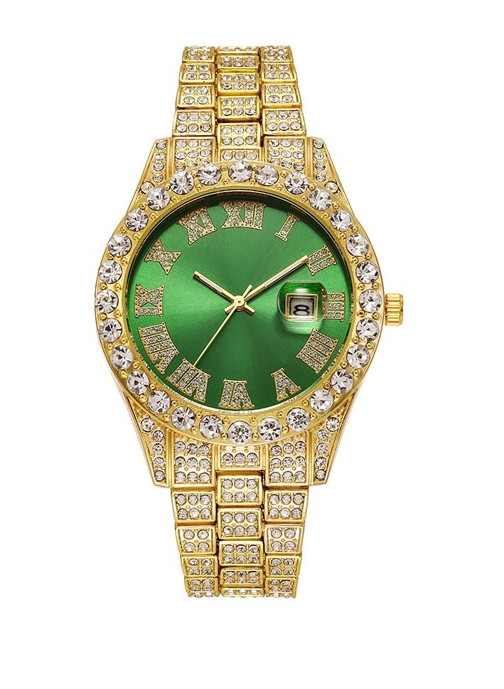 Hiphop style watch men's Roman scale diamond calendar men's quartz steel watch (gold)  - Image 1