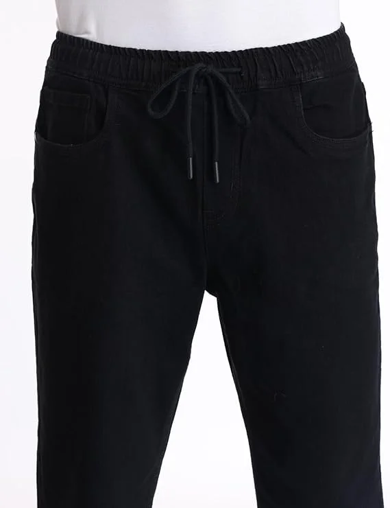 Inkd Jet Black Men's Jogger Jeans - Mid-Rise | Cotton Blend | Stretchable Fabric| Elasticated Waistband | Classic 5 Pocket Styling | Jeans for Men for Men | Best Price UAE