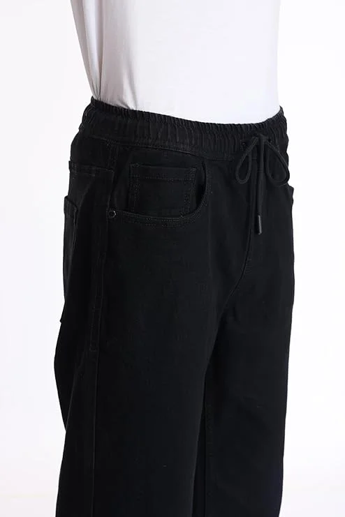 Inkd Jet Black Men's Jogger Jeans - Mid-Rise | Cotton Blend | Stretchable Fabric| Elasticated Waistband | Classic 5 Pocket Styling | Jeans for Men for Men | Best Price UAE