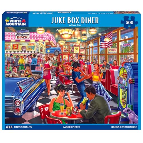 White Mountain 500 Piece Jigsaw Puzzle Fun Nostalgic 20th Century Puzzles with Large Pieces Gift for Adults 18x24 Juke Box Diner - Image 1