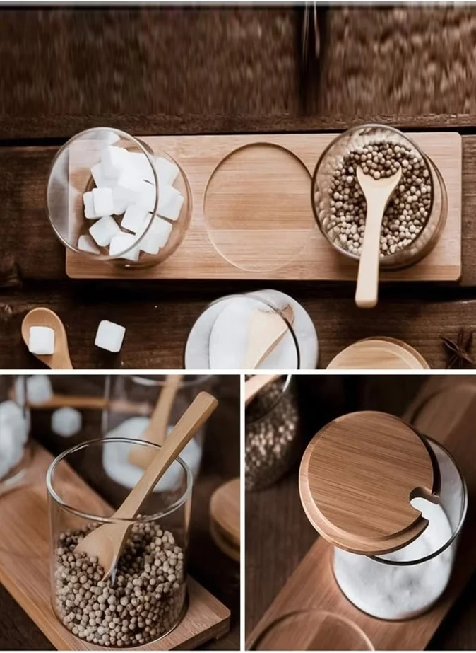 1 تشيس Spice Jar With Bamboo Lid Spoon and Bottom Base 3 Pcs Set