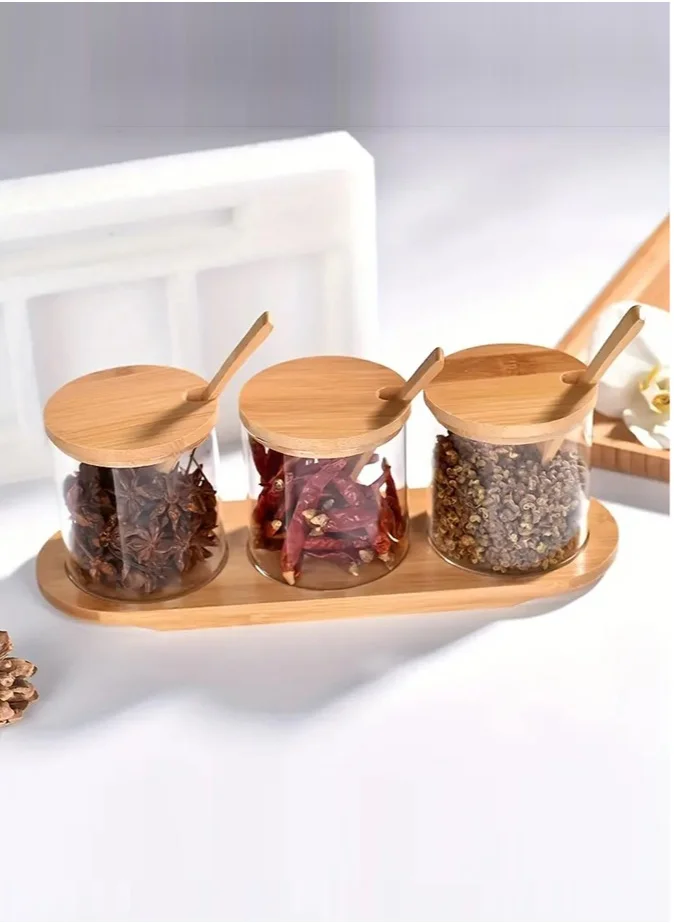 1Chase Spice Jar With Bamboo Lid Spoon and Bottom Base 3 Pcs Set