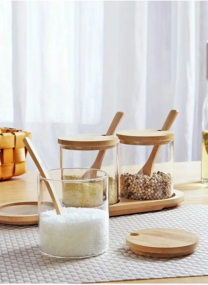 1Chase Spice Jar With Bamboo Lid Spoon and Bottom Base 3 Pcs Set