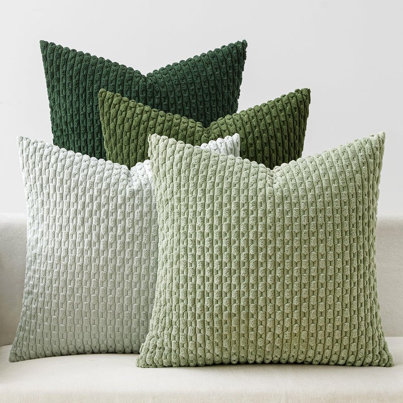 ميولي أغطية وسائد MIULEE ناعمة، طقم 4 أغطية وسائد مخططة بوهيمية، أغطية وسائد مخملية، ديكور منزلي ريفي للأريكة والسرير وغرفة المعيشة، ربيع 18x18 بوصة، أخضر غابي - Image 1