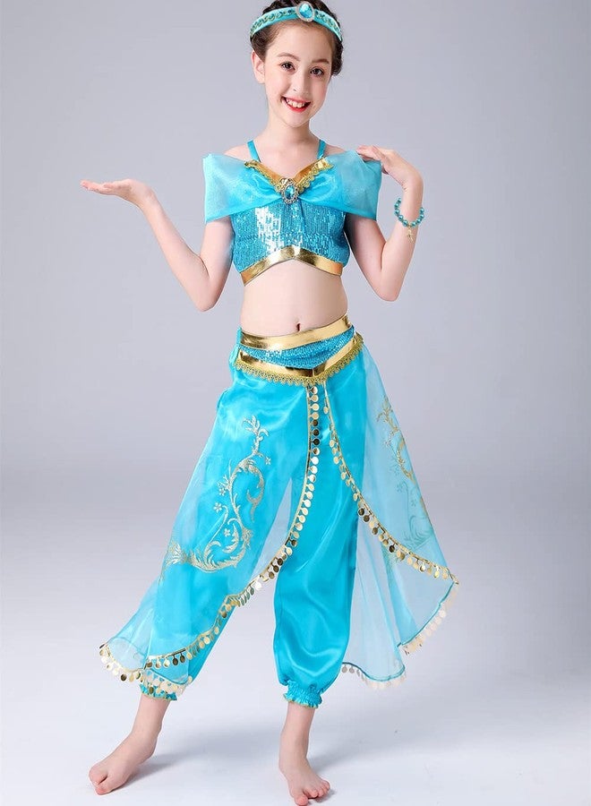 Yosbabe 6 قطع ملابس الأميرة ياسمين وإكسسوارات تنكرية للفتيات - تنكر الأميرة العربية ياسمين - رباط رأس، قفازات، تاج، قلادة، عصا، أقراط - حفلة هالوين تنكرية للأطفال - Image 2